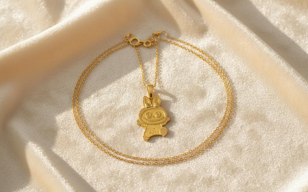 14k Solid Gold Labubu Necklace – 16" Rolo Chain, White/Yellow/Rose Gold, 24mm Pendant