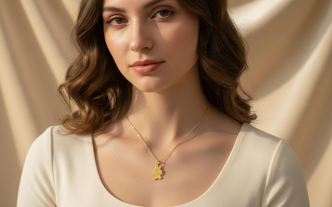 14k Solid Gold Labubu Necklace – 16" Rolo Chain, White/Yellow/Rose Gold, 24mm Pendant