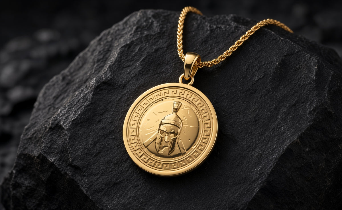14K 18K Solid Gold Spartan Helmet Pendant, Warrior Shield Necklace, Mens Greek Jewelry