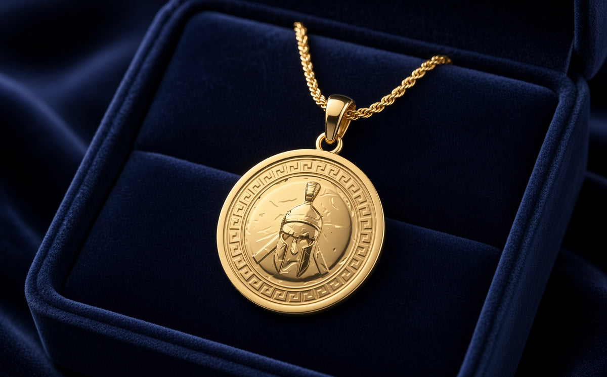 14K 18K Solid Gold Spartan Helmet Pendant, Warrior Shield Necklace, Mens Greek Jewelry