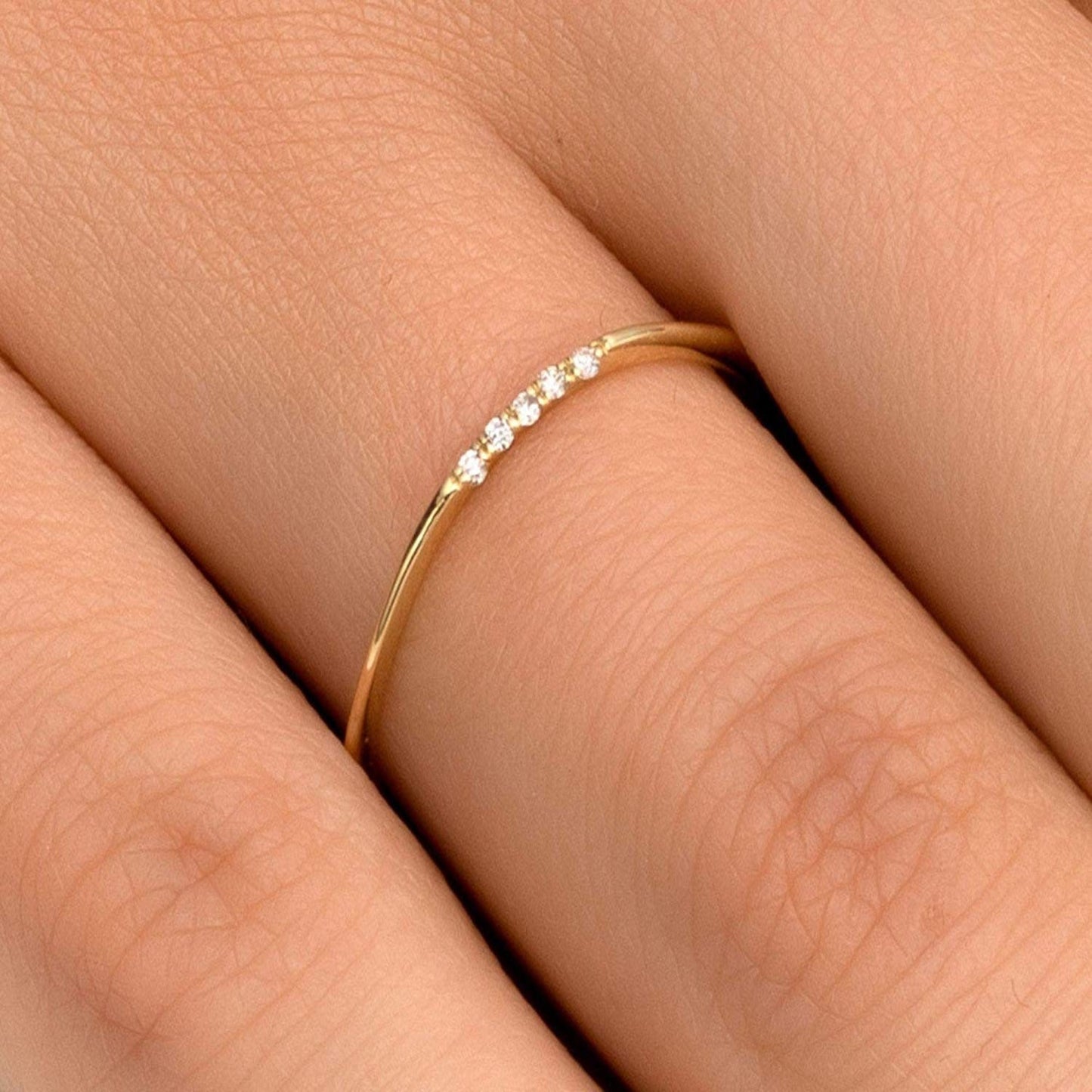 14K Dainty Solid Gold Wedding Band with 5 Conflict Free Natural Diamonds/ Diamond Band/ Dainty Diamond Ring/ Thin Diamond Ring/ Wedding Band - JewelsnGlitters