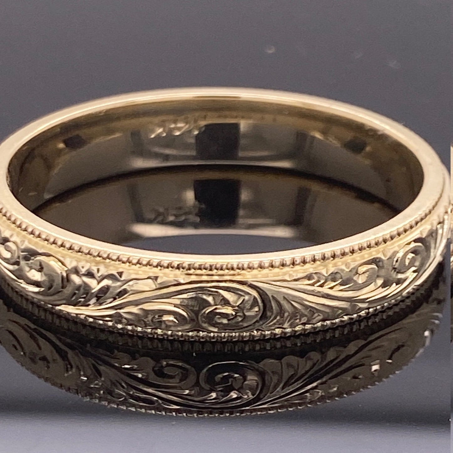 14K Solid Gold Hand Engraved Band / Ring with Millgree on the sides 6mm