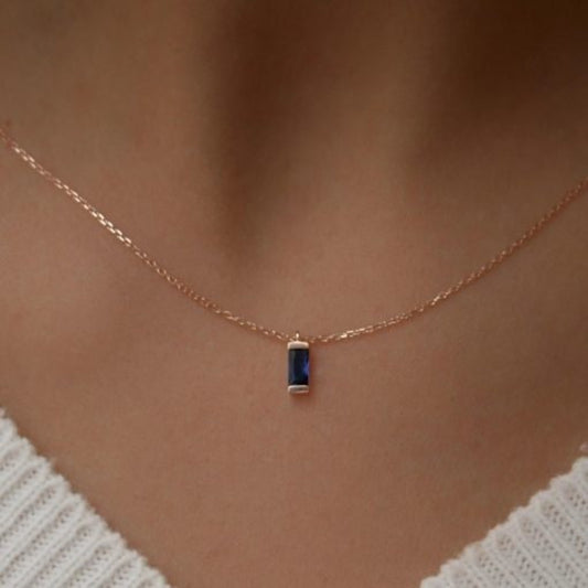 14K Solid Gold Sapphire Necklace / Baguette Sapphire Necklace Gold / Yellow Gold Sapphire Necklace / Dainty Pendant - JewelsnGlitters