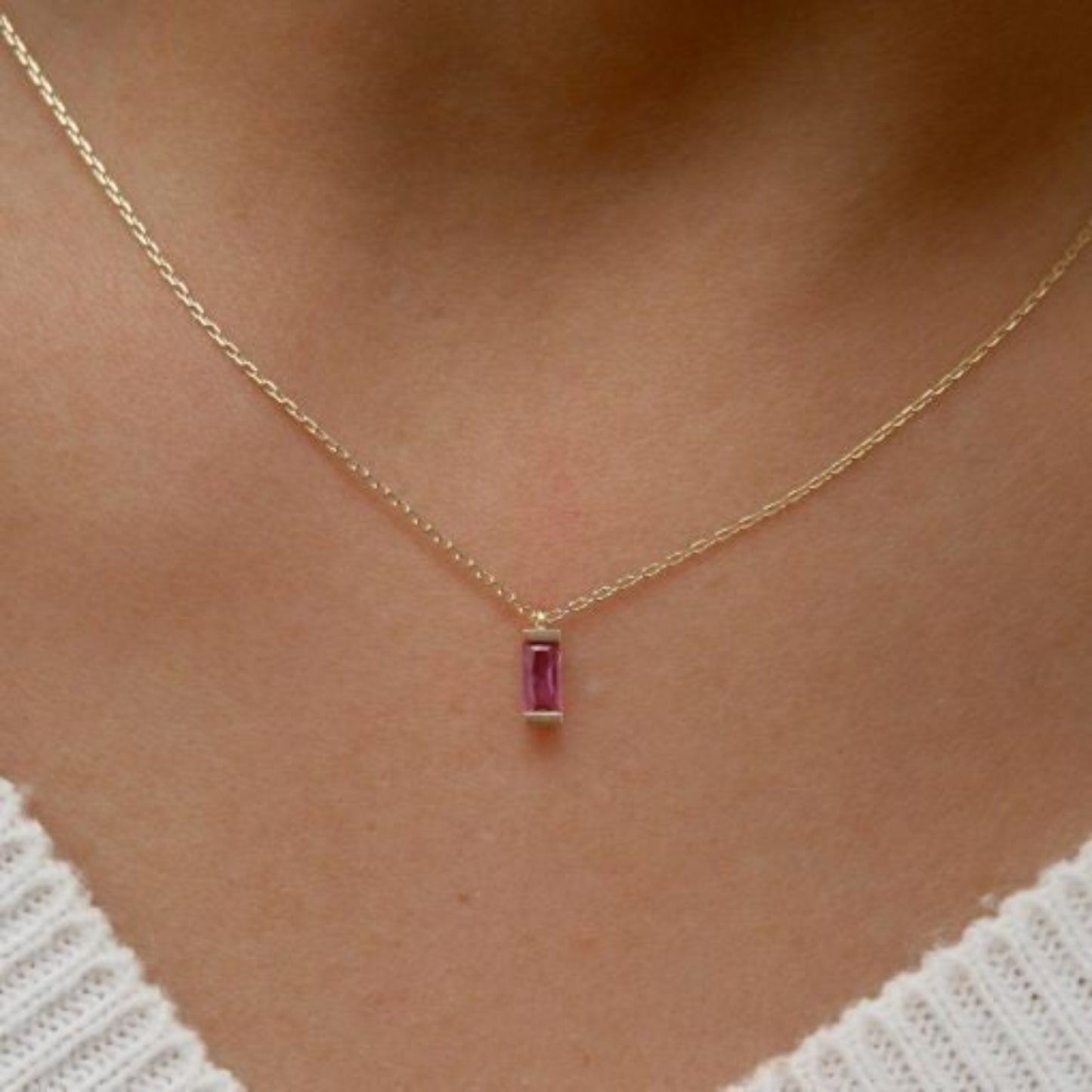 14K Solid Yellow Gold Adjustable Ruby Necklace / Baguette Ruby Necklace Gold / Yellow Gold Ruby Necklace / Dainty Pendant