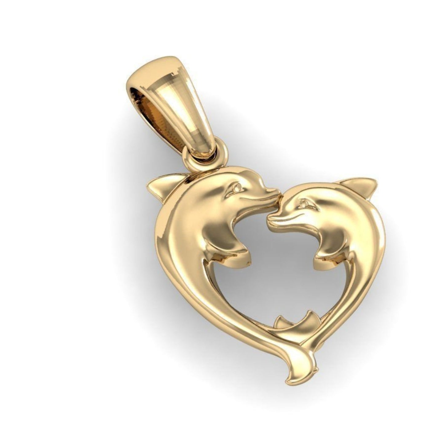 14K Solid Yellow Gold 2 Dolphins Necklace / Gold Heart  Shaped Dolphins Pendant with or without Chain - JewelsnGlitters