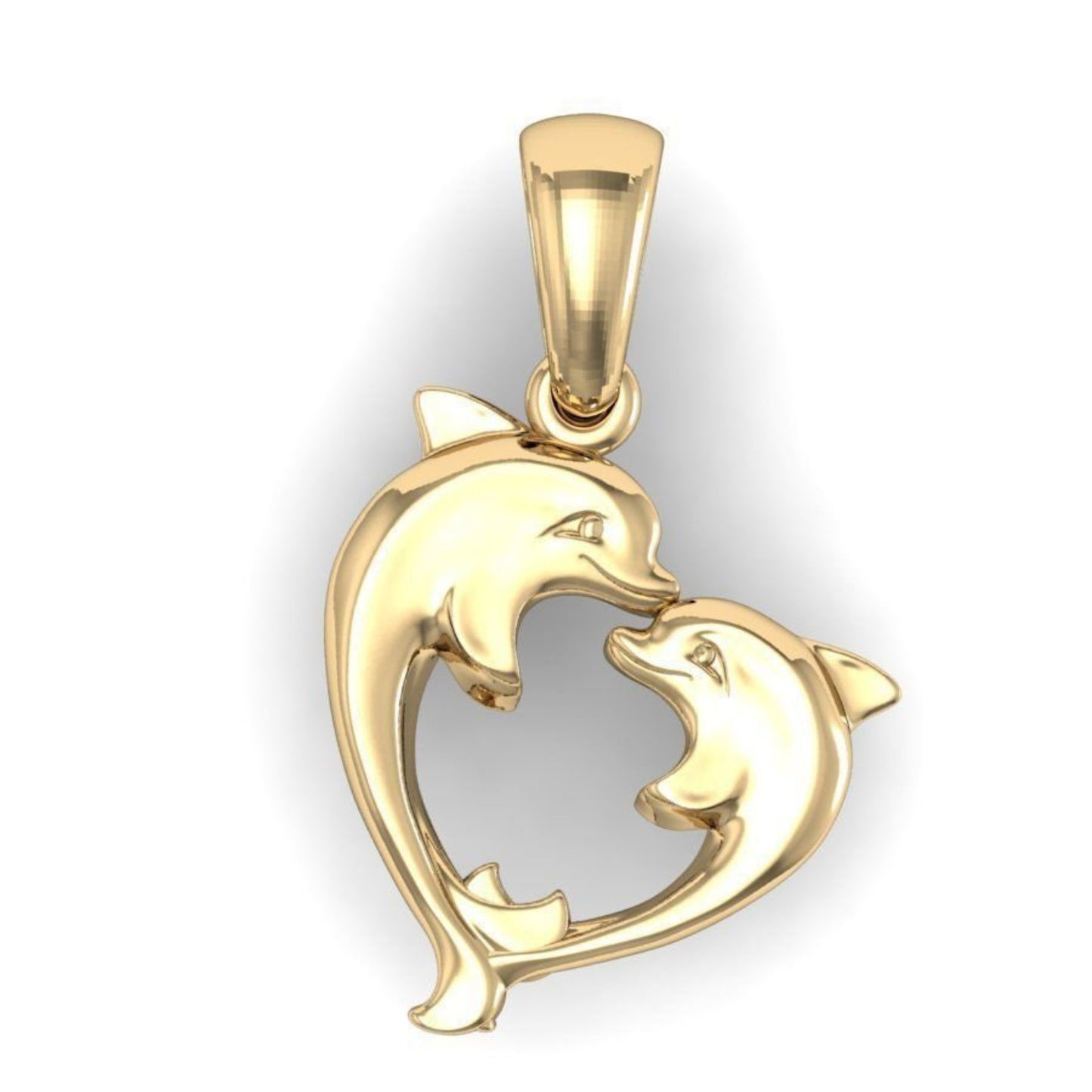 14K Solid Yellow Gold 2 Dolphins Necklace / Gold Heart  Shaped Dolphins Pendant with or without Chain - JewelsnGlitters