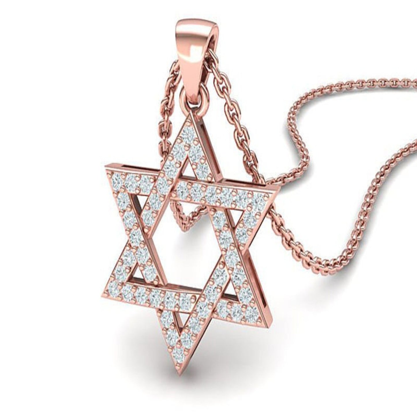 14K Gold Diamond Star of David Pendant with .82 Total Carat Weight and 16 Inches Rolo Chain