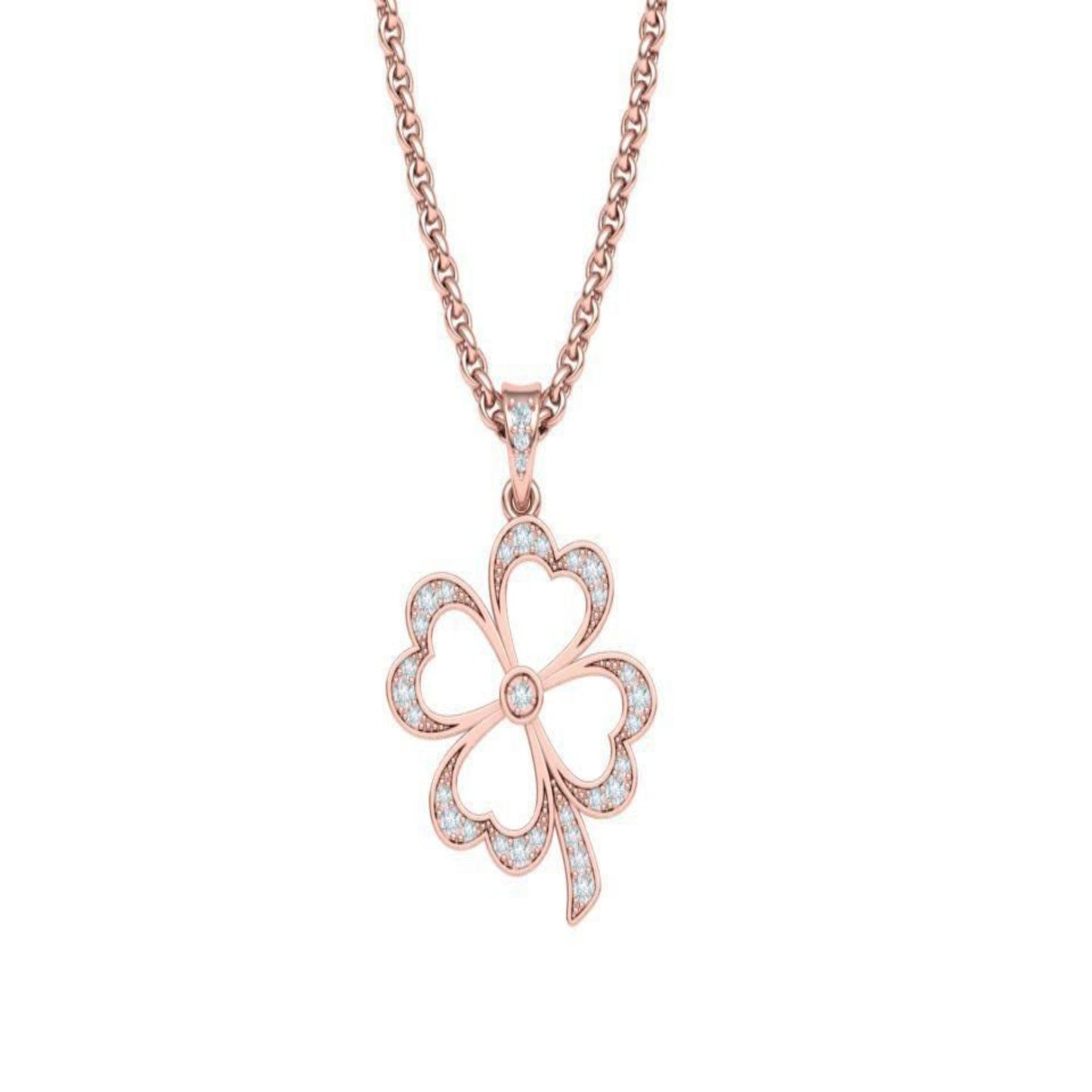 14K Solid Gold Four Leaf Diamond Clover Flower Pendant 28mm x 19mm / Gift for Her - JewelsnGlitters