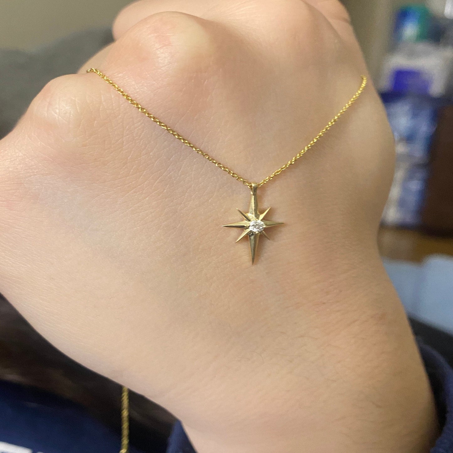 14K Solid Gold North Star Diamond Pendant/ Diamond North Star Necklace with 16" Long Chain / Gift for Her