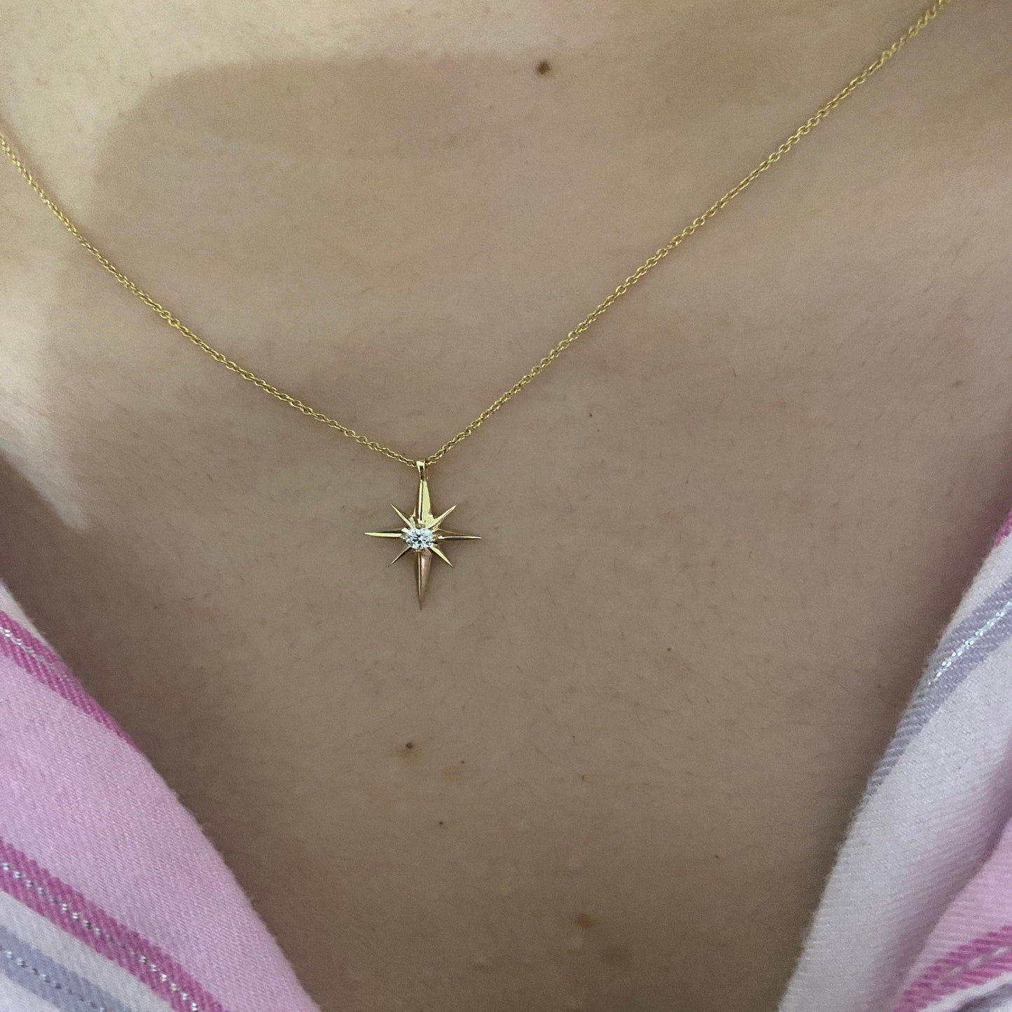 14K Solid Gold North Star Diamond Pendant/ Diamond North Star Necklace with 16" Long Chain / Gift for Her