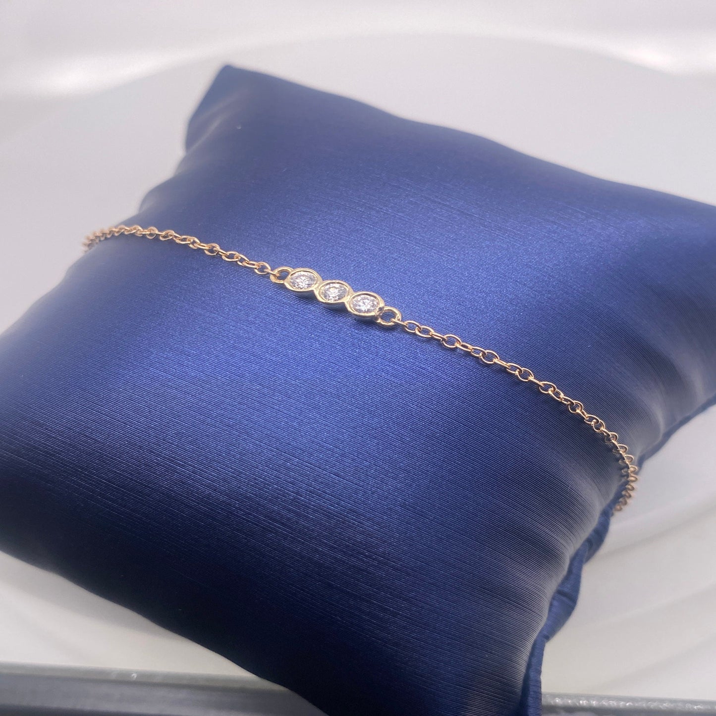 3 Diamond 14K Solid Gold Bracelet with Cable Chain