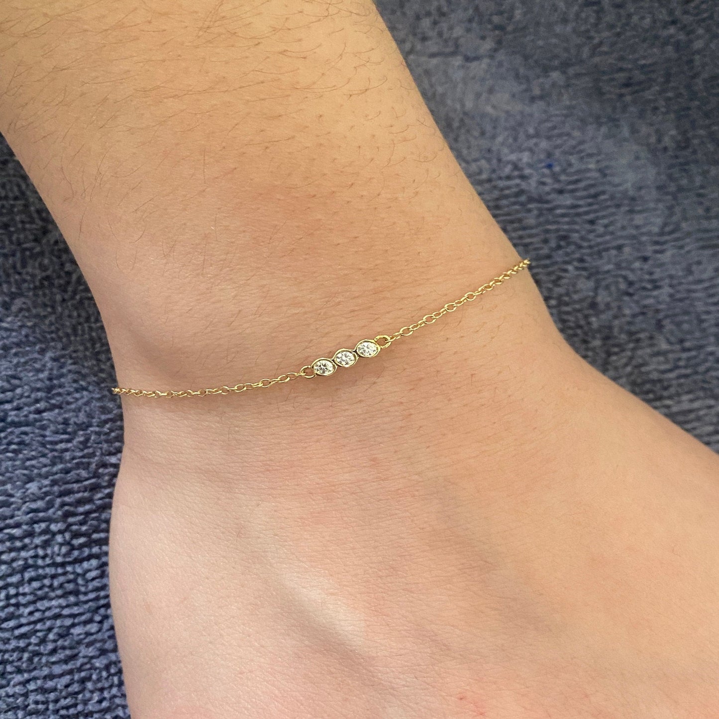 3 Diamond 14K Solid Gold Bracelet with Cable Chain