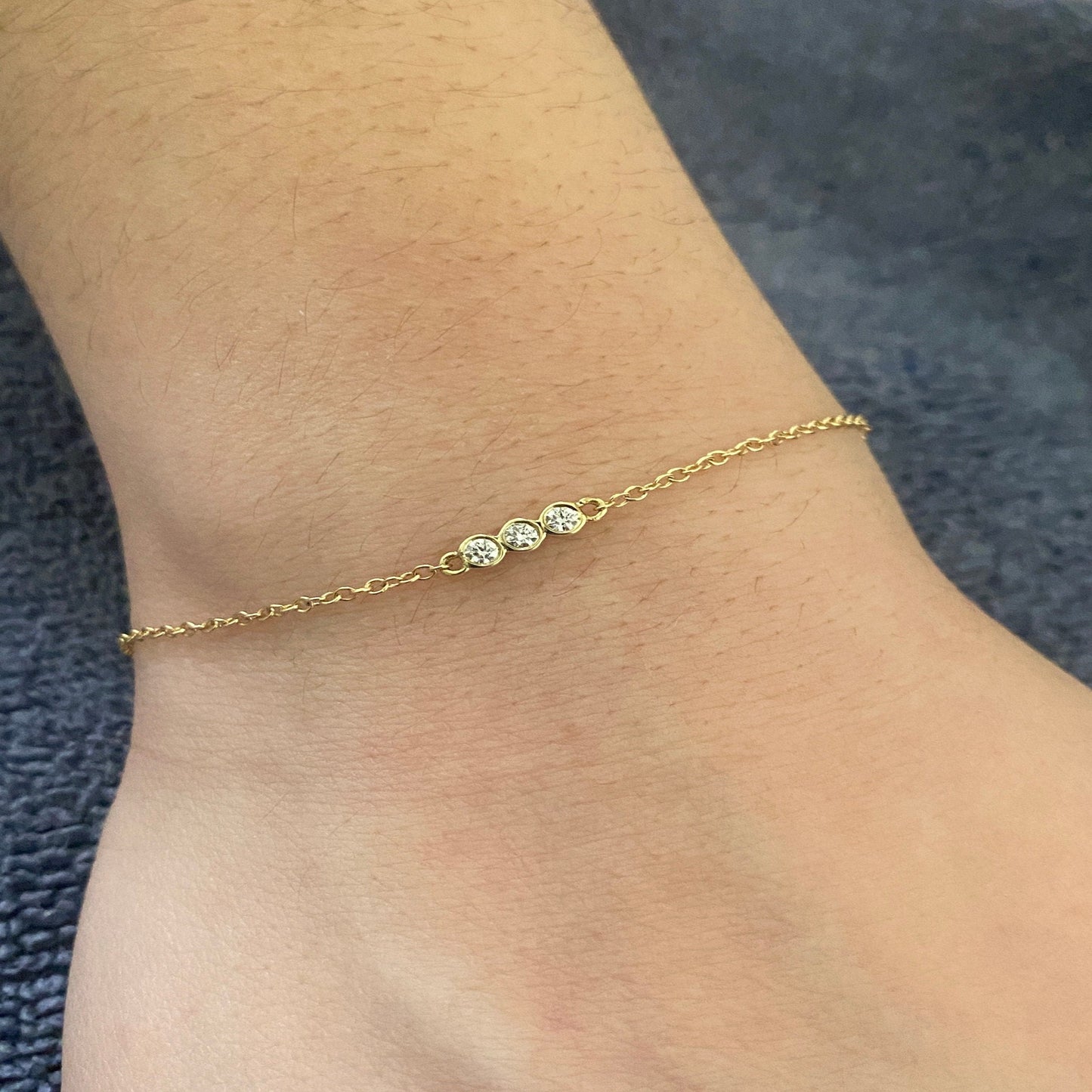 3 Diamond 14K Solid Gold Bracelet with Cable Chain