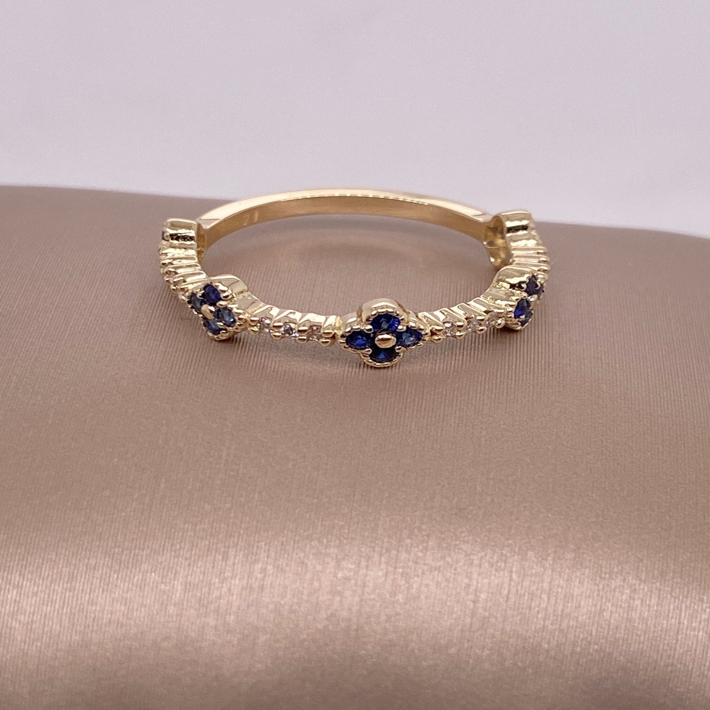 14K Half Eternity Blue Sapphire and Diamond Ring / Sapphire Stackable Ring / Sapphire & Diamond Stacking Ring /Birthstone Ring /Gift for Her