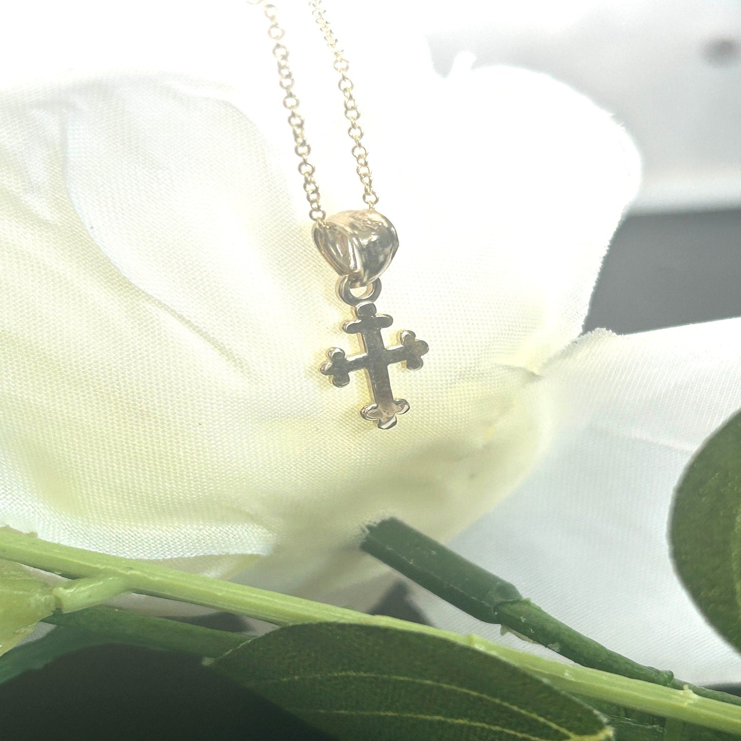 14K Solid Yellow Gold Dainty Cross Necklace / Crucifix Simple Small Pendant / Unisex Religious Necklace  / Great Gift 8mm X 14mm