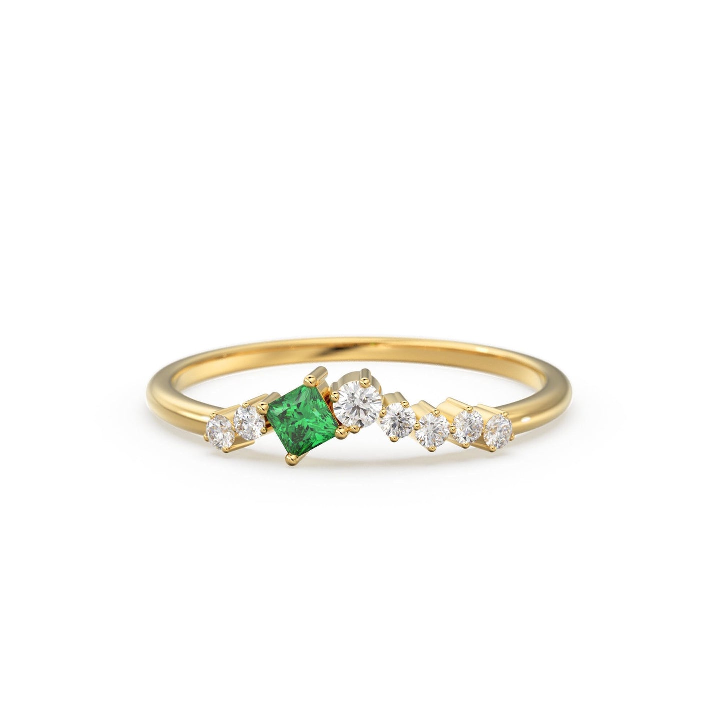 14K Solid Gold Cluster Ring with Princess Cut Emerald and Diamonds / Diamond Statement Ring / Cluster Diamond Ring / Dainty Diamond Ring