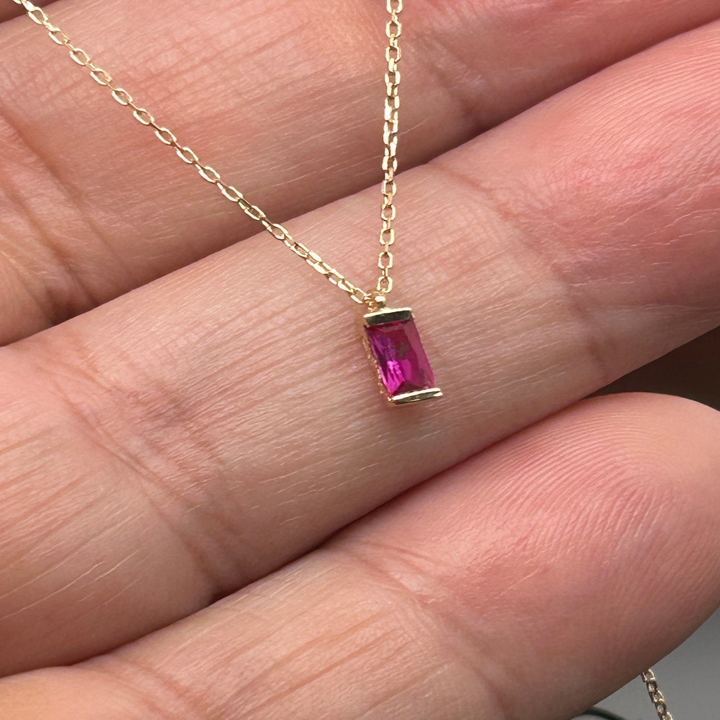 14K Solid Gold Ruby Necklace / Baguette Ruby Necklace Gold / Yellow Gold Ruby Necklace / Dainty Pendant / Baguette Ruby Pendant