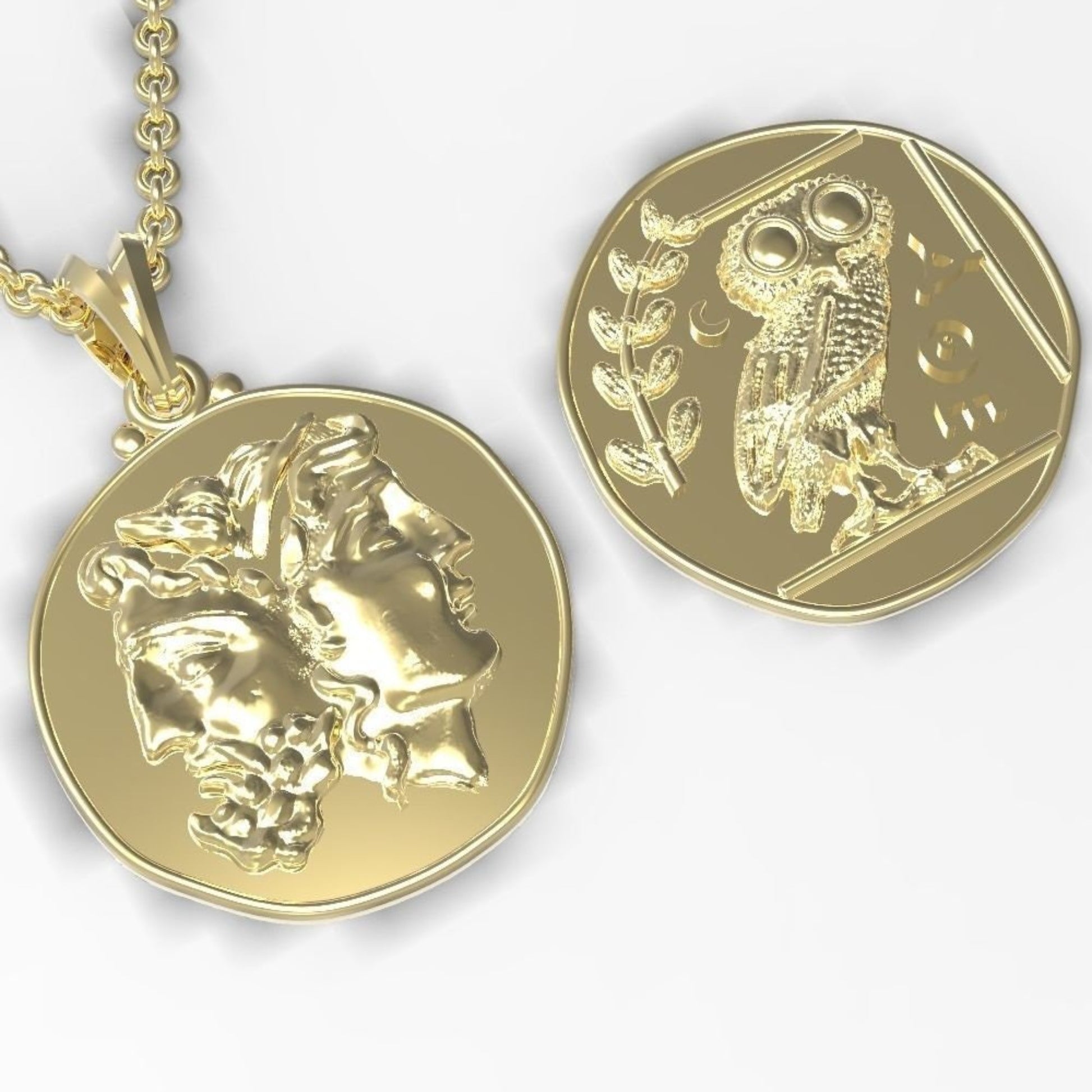 14k Solid Gold Double Sided Greek Pendant / Gold Greek Pendant / Unisex Gold Double Sided Greek Necklace / Greek Coin Necklace for Her - JewelsnGlitters