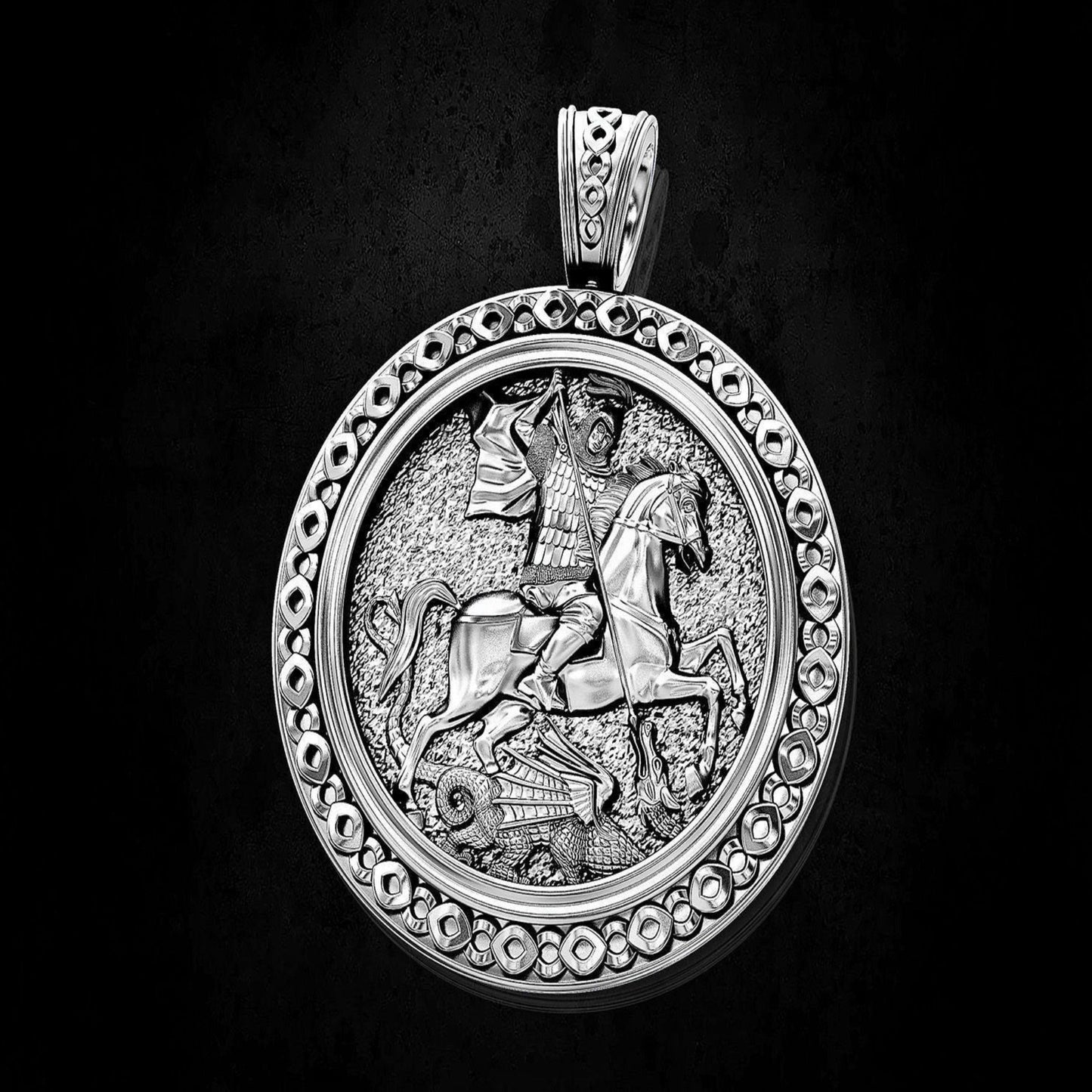 14K Solid Gold Saint George Dragon Hunter Pendant 18 Grams / Gold Saint George Necklace / 14K Solid Yellow Round Gold St. George Necklace - JewelsnGlitters