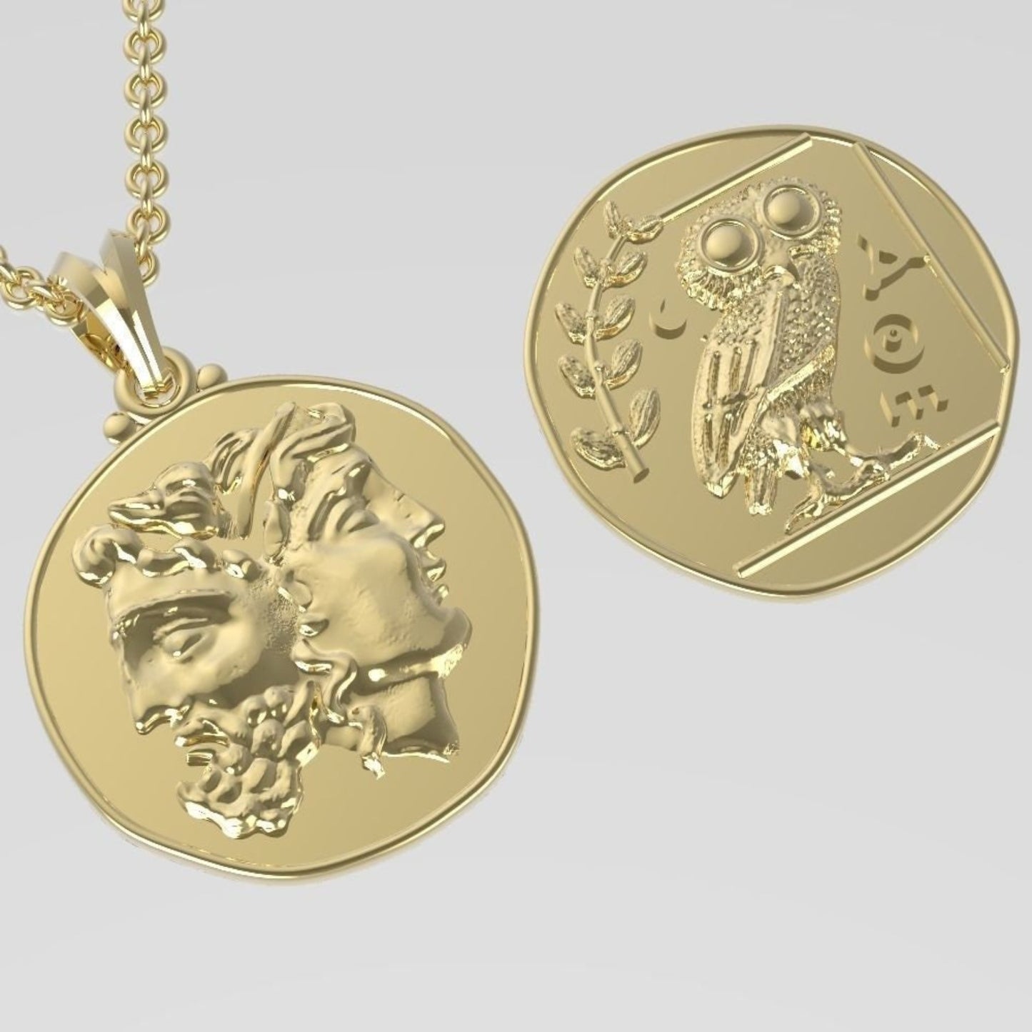 14k Solid Gold Double Sided Greek Pendant / Gold Greek Pendant / Unisex Gold Double Sided Greek Necklace / Greek Coin Necklace for Her - JewelsnGlitters