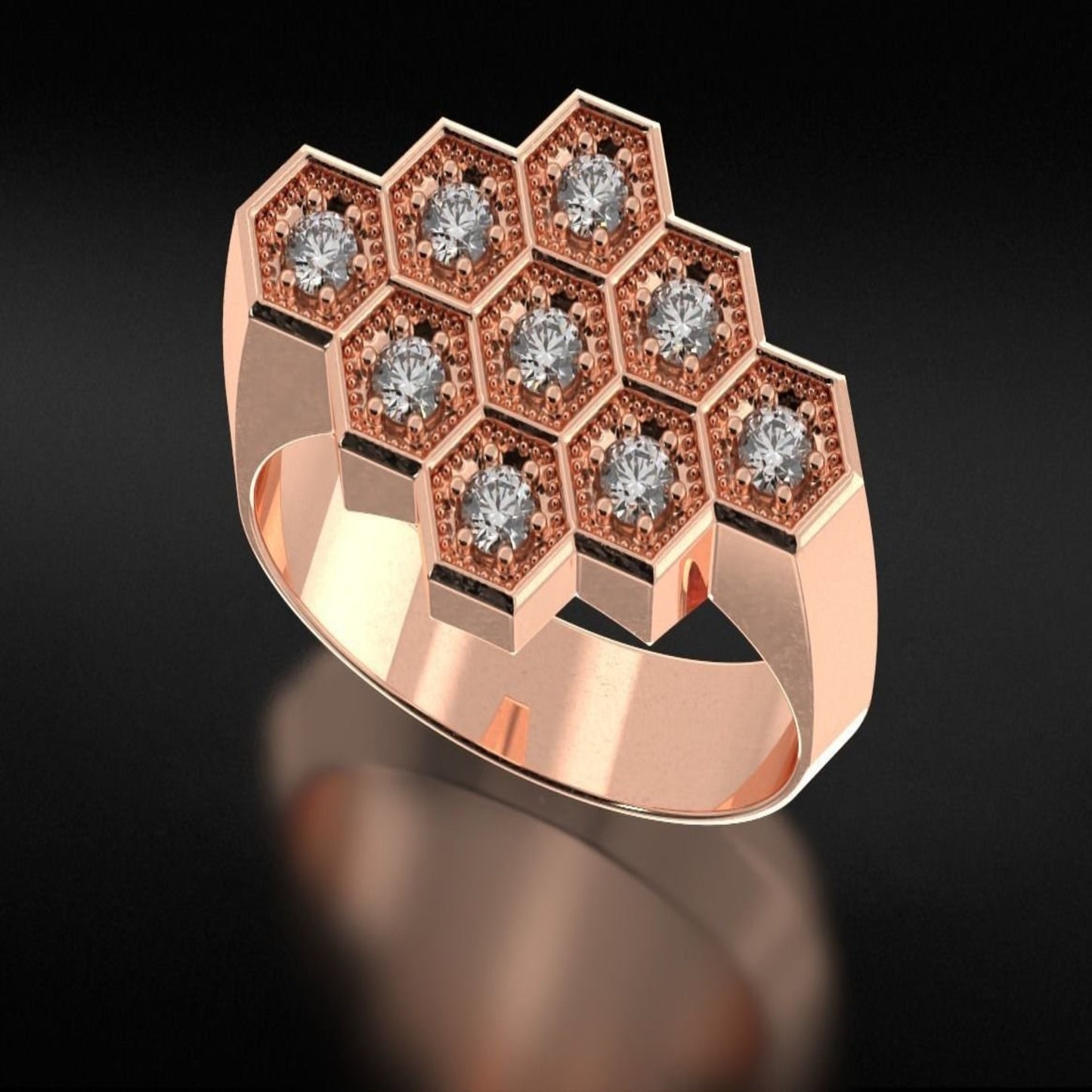 14K Solid Gold Diamond Honeycomb Hexagon Ring / Gold Hexagon Honeycomb Ring with Natural Diamonds / Gold Honeycomb Diamond Ring