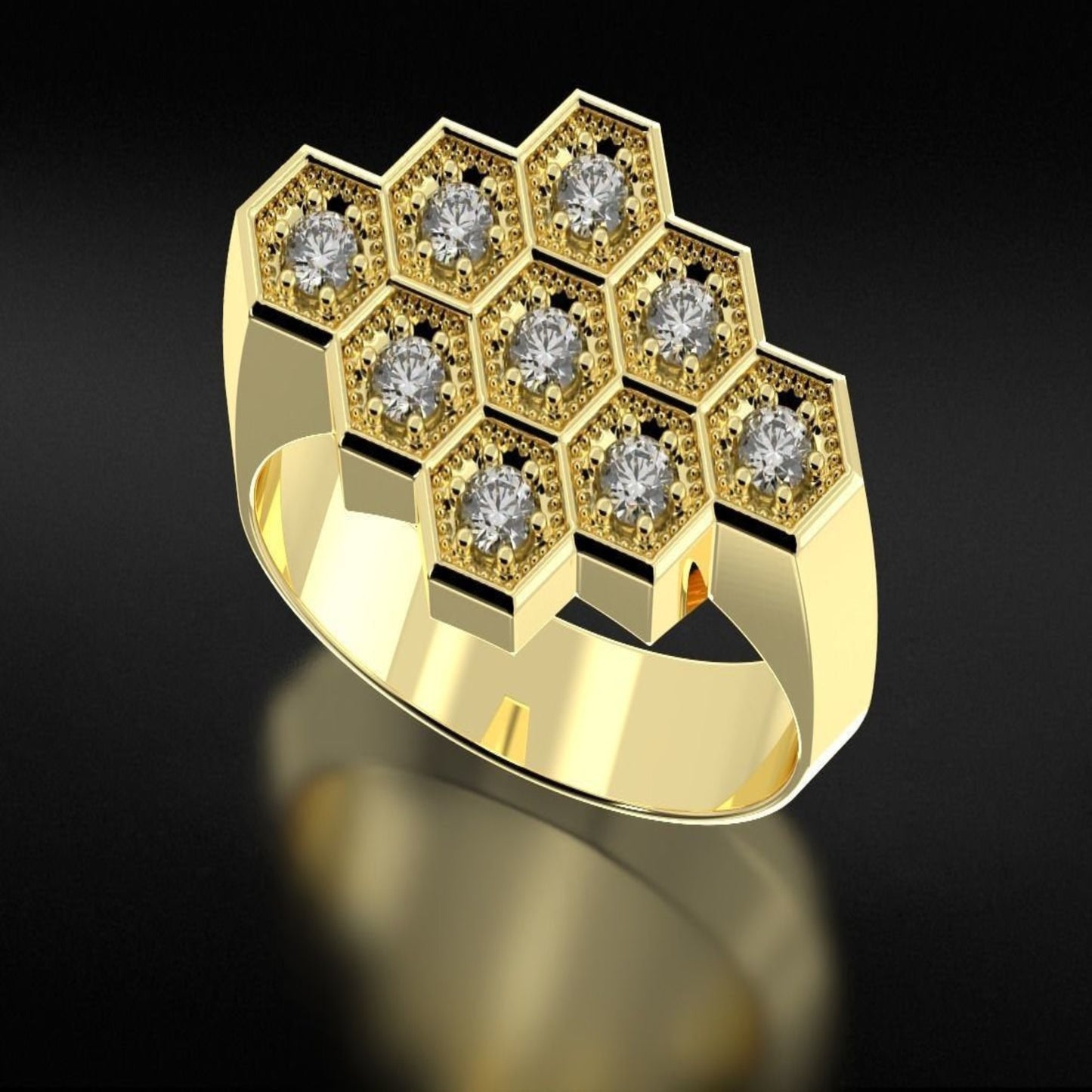 14K Solid Gold Diamond Honeycomb Hexagon Ring / Gold Hexagon Honeycomb Ring with Natural Diamonds / Gold Honeycomb Diamond Ring