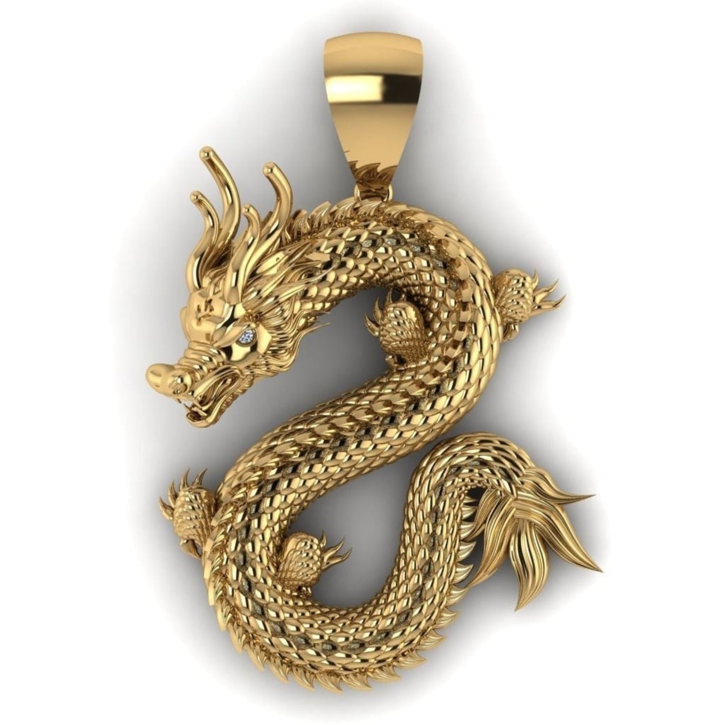 14K Solid Gold Dragon Pendant with Diamond Eyes / Dragon Necklace with Diamonds / Gold Diamond Dragon / Gift for Her / Gift for Him - JewelsnGlitters