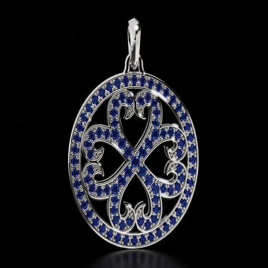 14K Solid Gold Vintage Look Pendant with Sapphires / Sapphire Pendant with Design in the Center /Blue Sapphire Vintage Look Necklace for Her