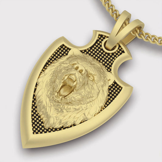 14K Solid Gold Shield Pendant with Lion 14.25 Grams / Shield Necklace with Lion / Unisex Shield Necklace /30mm X 19.29mm