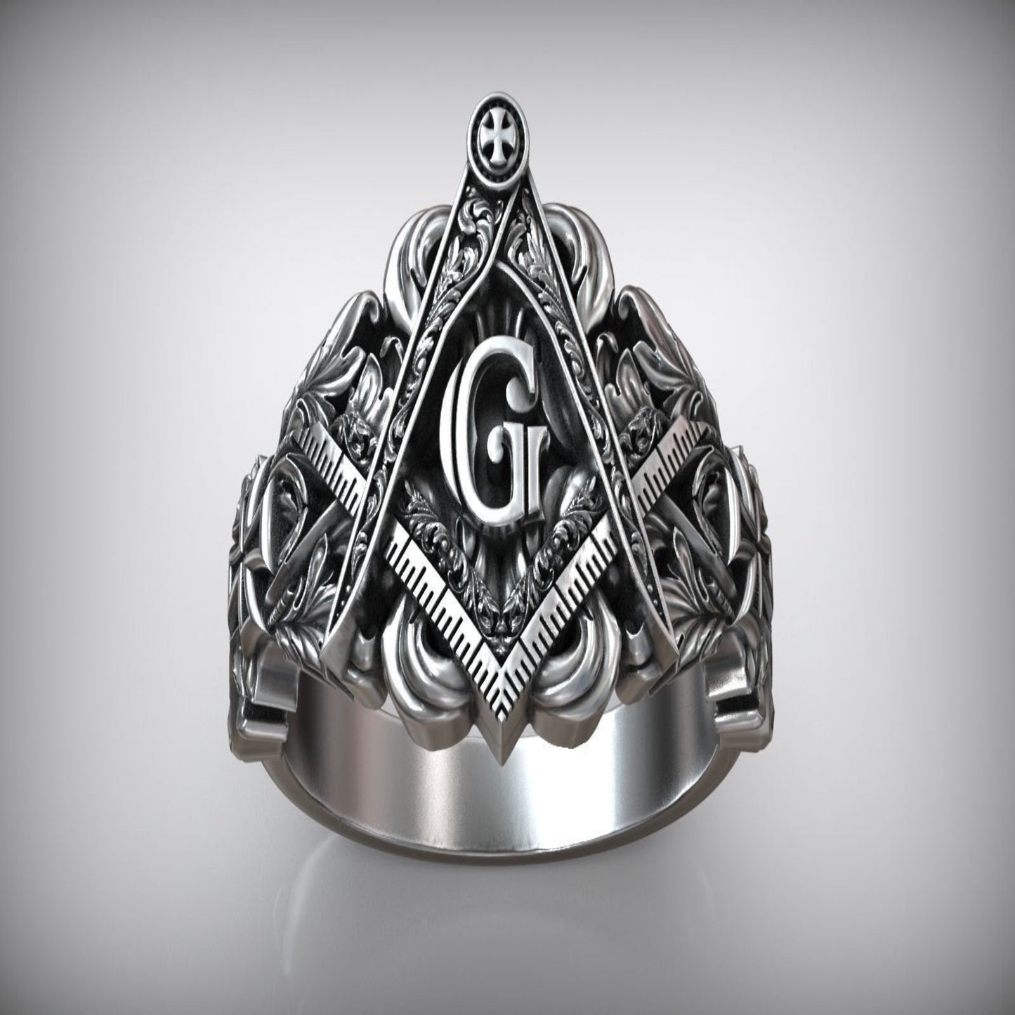 14k Solid Gold Freemasons Square And Compass Pattern Ring / Gold Freemason Ring for Him